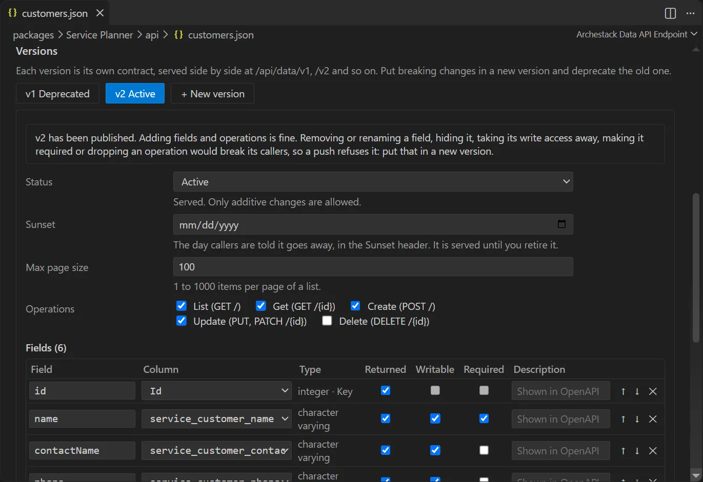 The form of the Customers endpoint: its business entity, name and route, who can call it, and version 2 with its status, sunset, page size, operations and a table of fields.