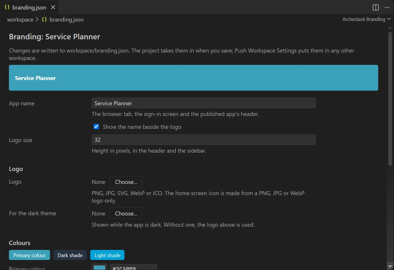 The branding form: a preview bar in the app's colour with its name, the app name, whether the name shows beside the logo, the logo size and the logo.