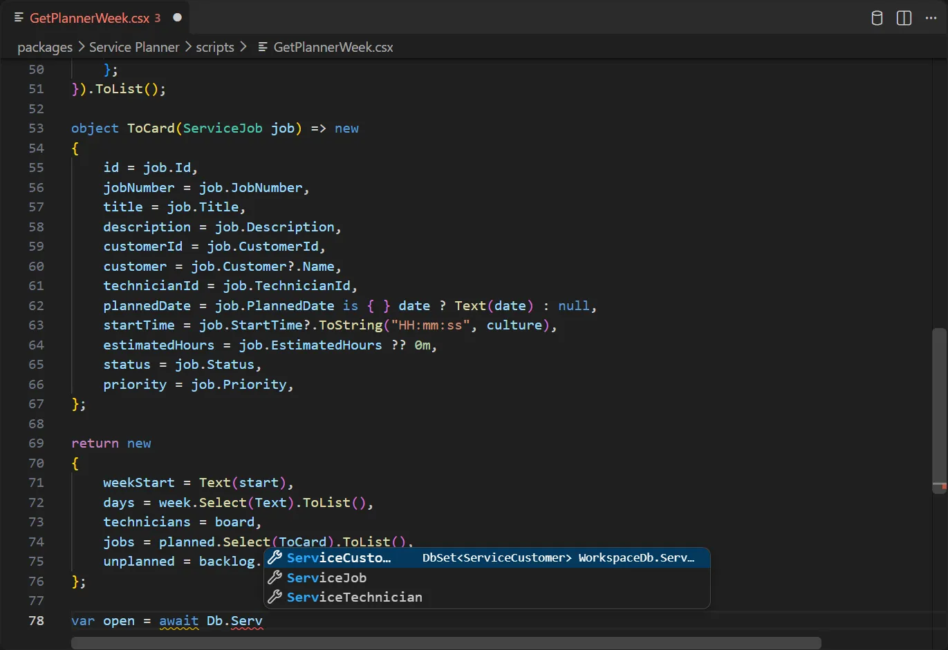 Completion in a script after Db.Serv, offering the typed sets ServiceCustomer, ServiceJob and ServiceTechnician.