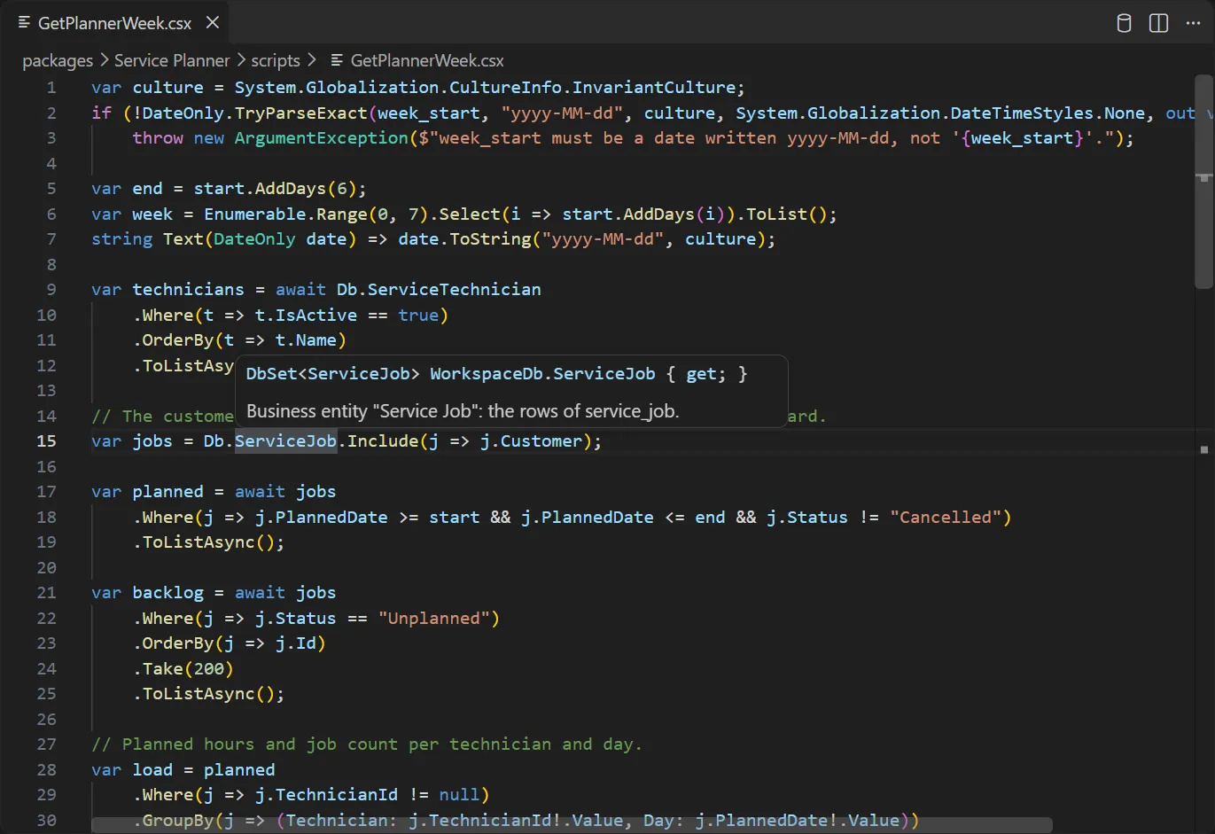 A hover over Db.ServiceJob showing its type and the note that it is the business entity Service Job, the rows of service_job.