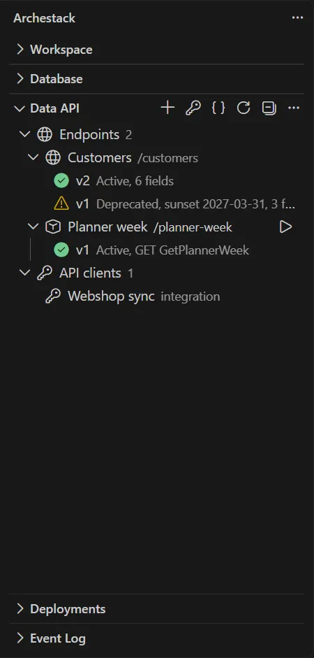 The Data API view: the Customers endpoint expanded into version 2, active, and version 1, deprecated with its sunset day, the Planner week endpoint, whose version 1 calls the GetPlannerWeek script module with GET, and the Webshop sync API client with its role.