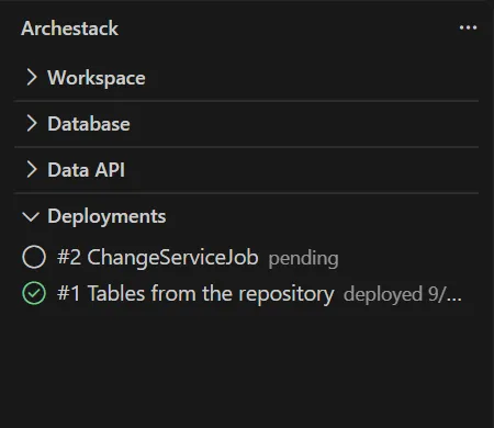 The Deployments view with a pending migration above the deployment that made the repository's tables.