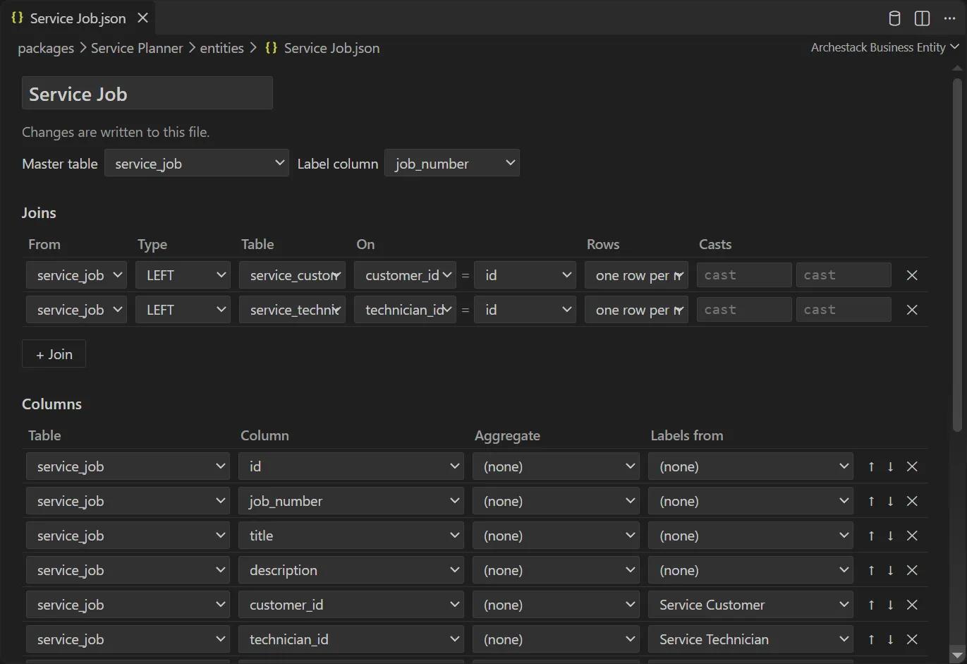 The entity editor for Service Job: master table, label column, joins to the customer and technician tables, and the columns.