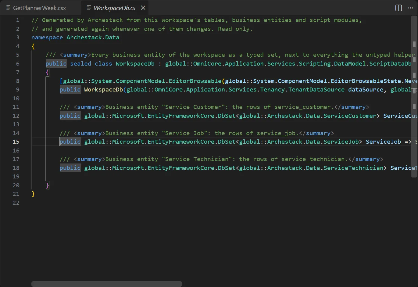 Go to Definition on ServiceJob opening the generated, read-only WorkspaceDb class with one typed set per business entity.
