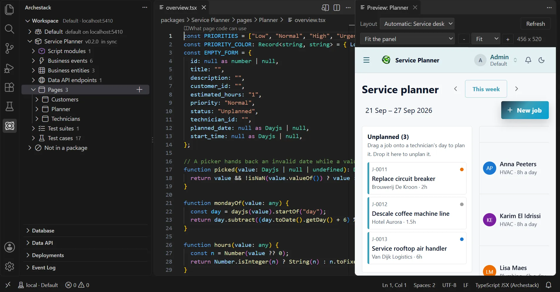 VS Code with the Archestack view on the left, a page's code in the middle and the running page, a planning board with jobs and technicians, on the right.