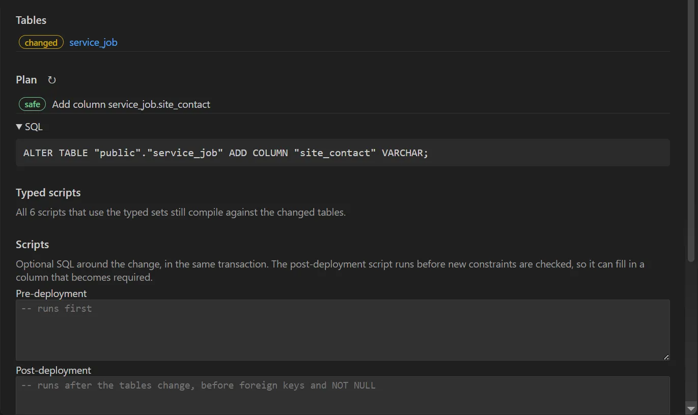 The schema review: the changed table service_job, a plan with one safe operation adding a column, its SQL, the typed scripts check and the pre- and post-deployment scripts.