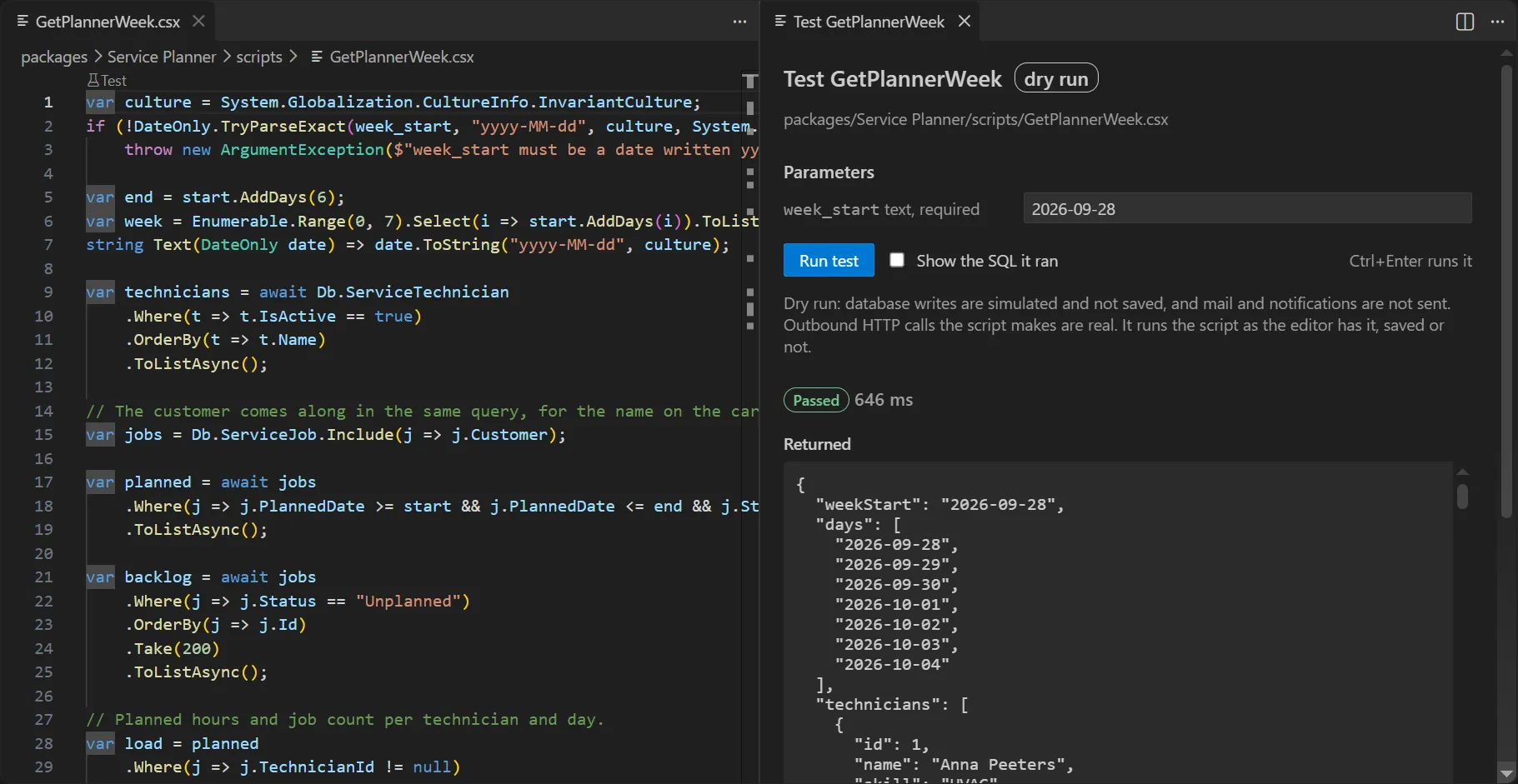 GetPlannerWeek's code on the left and its test panel on the right: the week_start parameter, Run test, Passed and the week it returned.