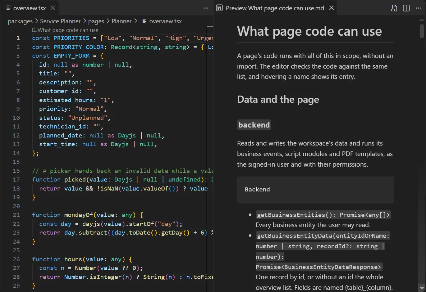 A page's code on the left and the What page code can use reference on the right, starting with backend.