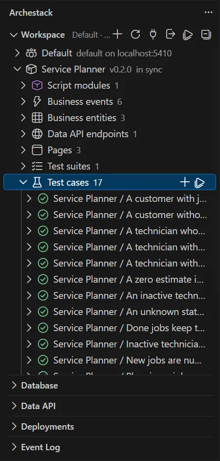 The Workspace view with the Service Planner test cases, each with a green tick after a run.