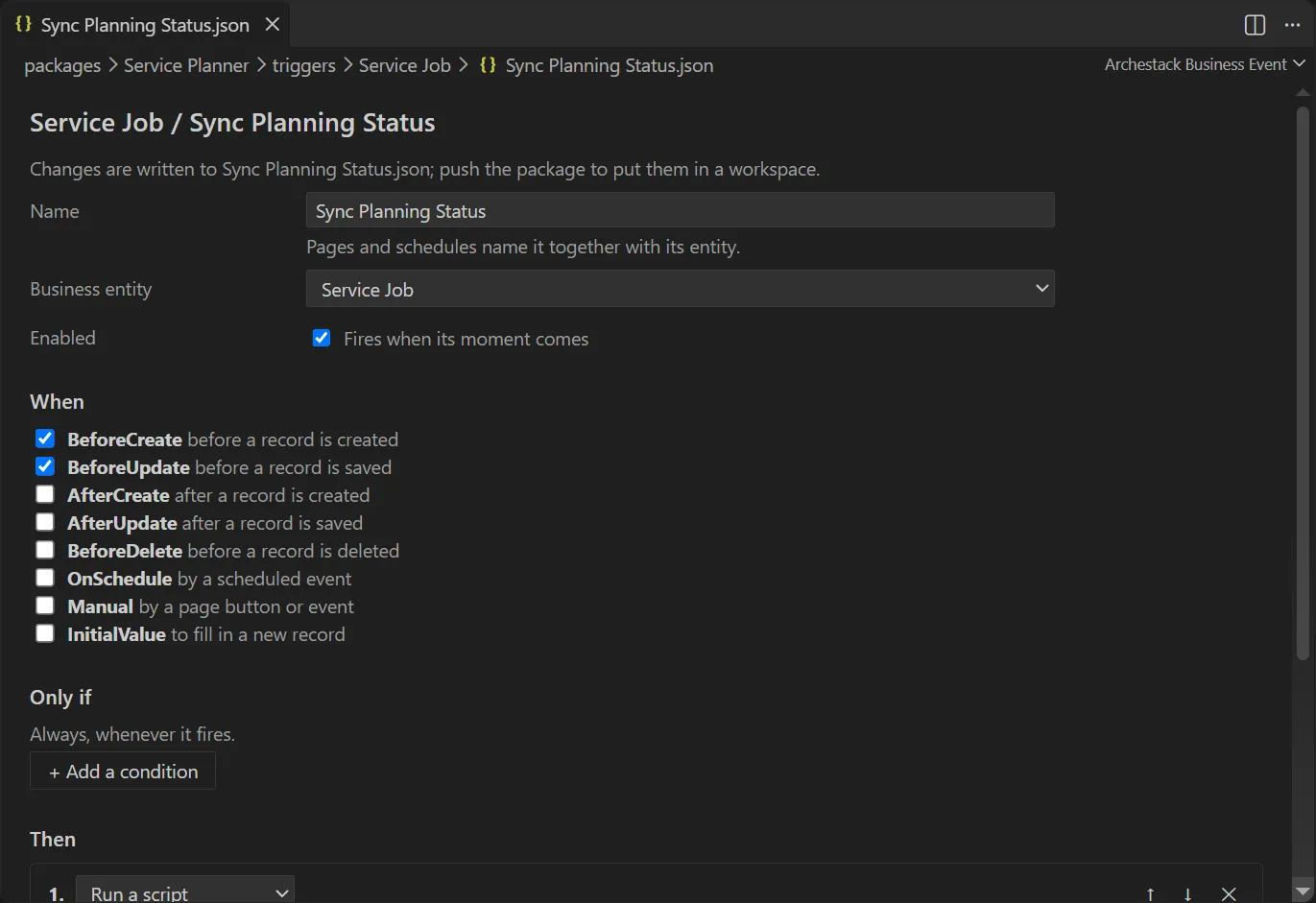 A business event open in its form: name, business entity, enabled, and the moments it fires, such as BeforeCreate and BeforeUpdate.