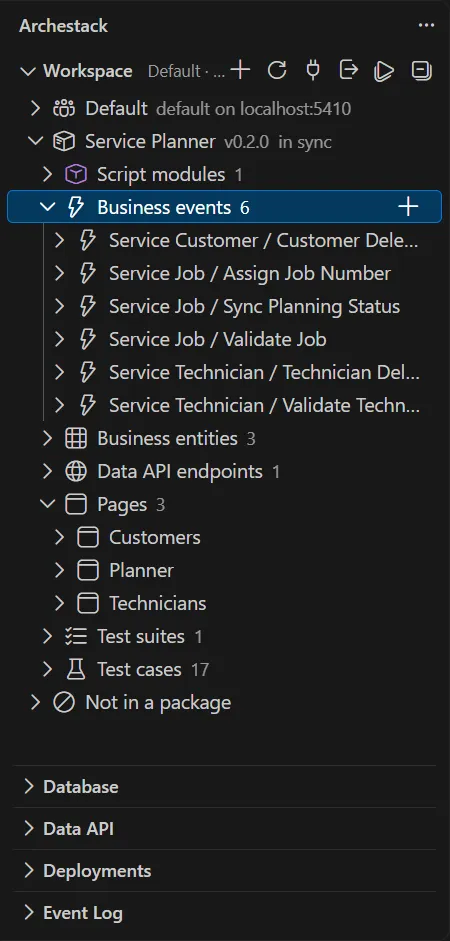 The Workspace view: the workspace node, the Service Planner package expanded into script modules, business events, business entities, pages and tests, each with a count.