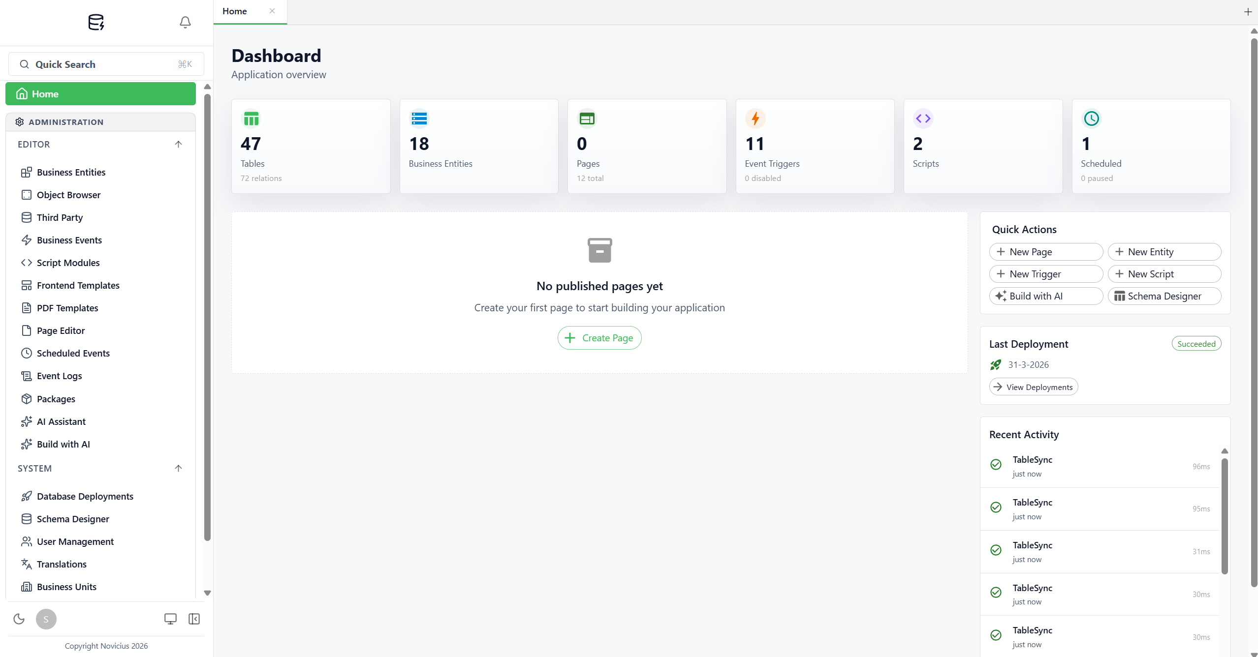 Aplikacja administracyjna Archestack - pusty dashboard z paskiem bocznym pokazującym grupy EDITOR i SYSTEM, kartami statystyk u góry, panelami Quick Actions / Last Deployment / Recent Activity po prawej.