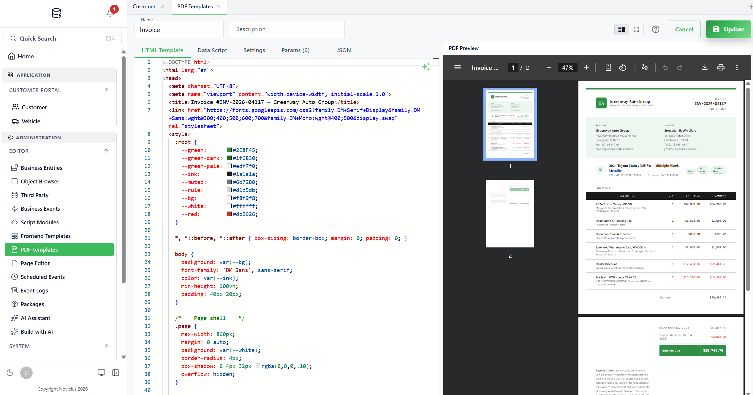 Edytor PDF Templates: pola Name i Description u góry, pięć kart (HTML Template, Data Script, Settings, Params, JSON), edytor Monaco po lewej, zawsze włączony panel PDF Preview po prawej z kolumną miniatur i wyrenderowaną fakturą.